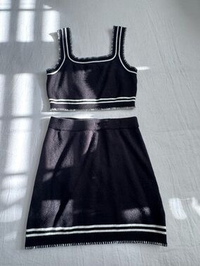 Le Lis Black Knit Mini Skirt Set with White Trim